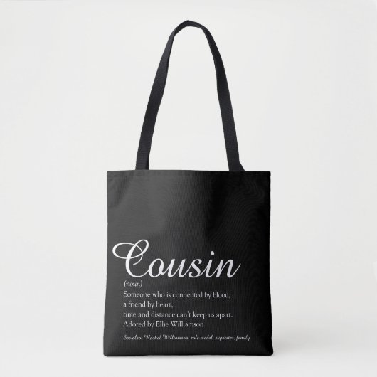 Zwart-witte Elegant Script Cousin Definitie Tote Bag (Voorkant)