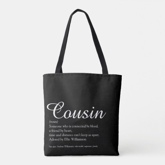 Zwart-witte Elegant Script Cousin Definitie Tote Bag (Achterkant)