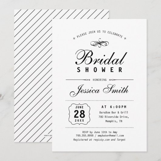 Zwart & Witte Elegante Bruiloftsfeest Uitnodiging (Voorkant / Achterkant)