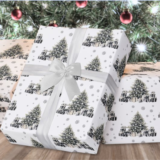 Zwart Witte Elegante Kerstboom Cadeaupapier