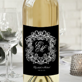 Zwart Witte Elegante Monogram Wapen Vintage Trouwe Wijn Etiket