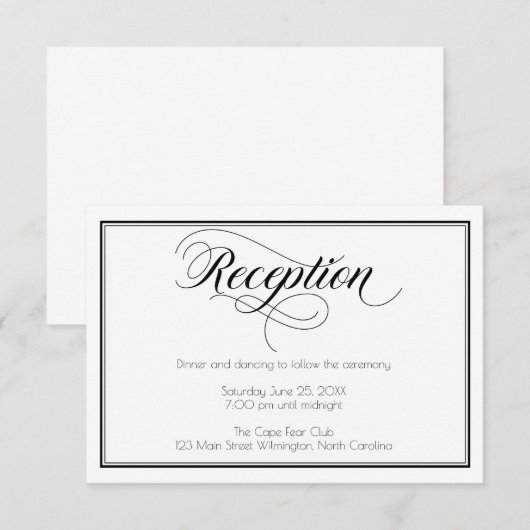 Zwart & Witte Elegante Script Bruiloft Reception Informatiekaartje (Voorkant / Achterkant)