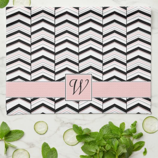 Zwart Witte en Blush Chevron Keukenhanddoek (Gevouwen)