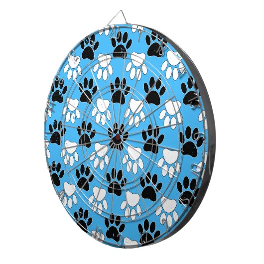 Zwart-witte en rode vlekken op blauwe achtergrond dartbord (Voorkant Rechts)