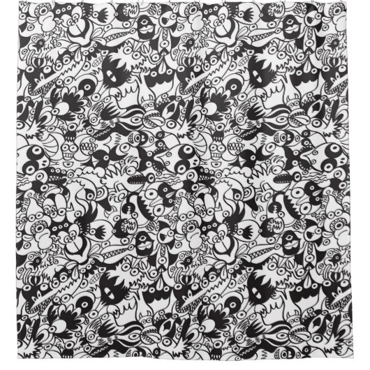 Zwart-witte engerige monsters in tekenstijl douchegordijn (Voorkant)