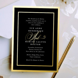 Zwart & Witte Fantasie Calligrafie Gouden Huwelijk Folie Uitnodiging