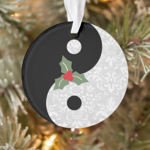 Zwart-witte faux Lace Yin Yang met Mistletoe Ornament