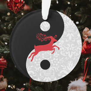 Zwart-witte faux Lace Yin Yang met Red Deer Ornament