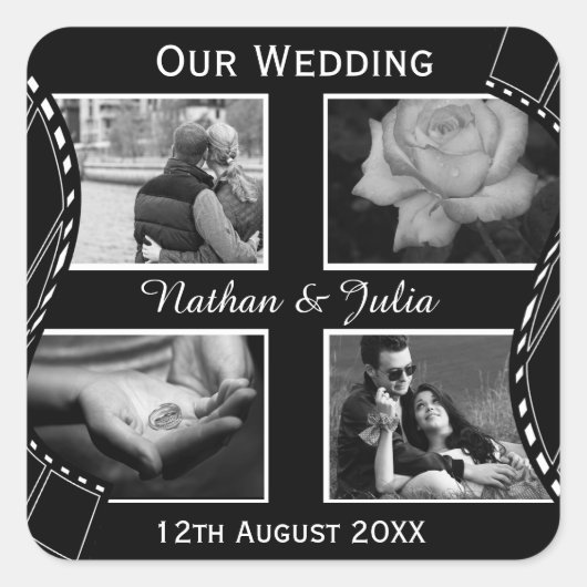 Zwart-witte filmpje vierkante sticker (Voorkant)