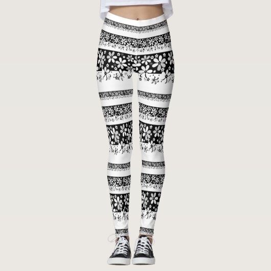 Zwart-witte floraal leggings (Voorkant)