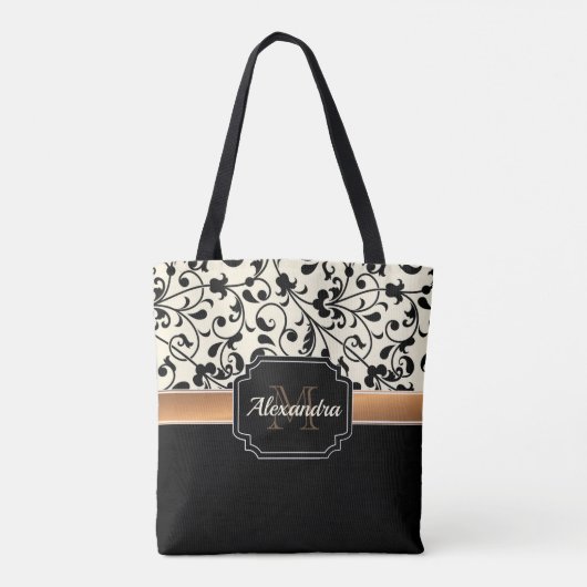 Zwart-witte Floral Tote Bag (Achterkant)