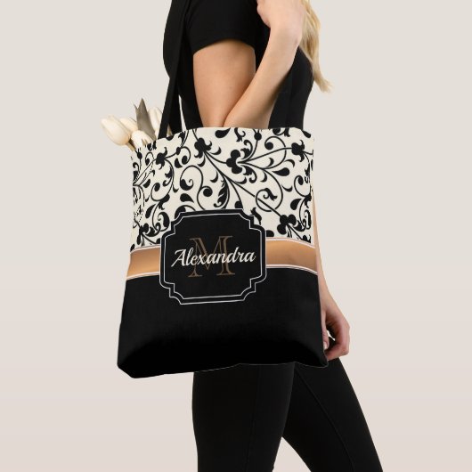 Zwart-witte Floral Tote Bag (Dichtbij)