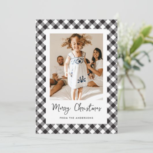 Zwart-witte foto met prettige kerst feestdagenkaart (Staand voorkant)