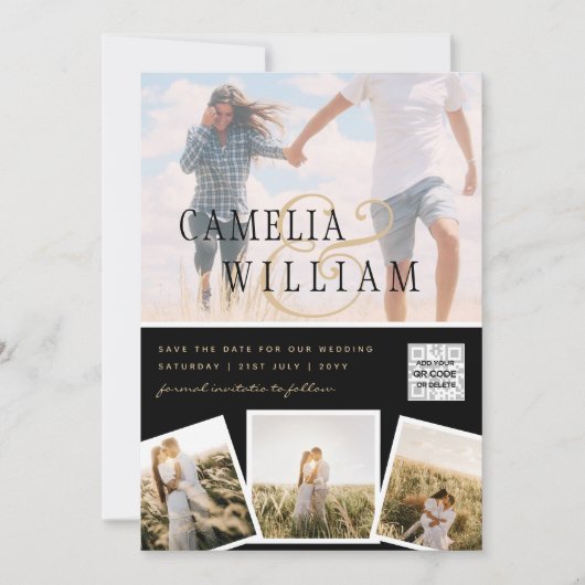 Zwart Witte FOTO Trouw Uitnodiging QR CODE Bewaar  (Voorkant)