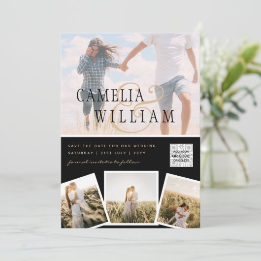 Zwart Witte FOTO Trouw Uitnodiging QR CODE Bewaar  (Staand voorkant)