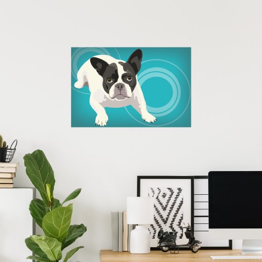 Zwart-witte Franse Bulldog op blauwe achtergrond Poster (Thuiskantoor)