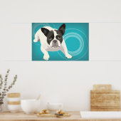 Zwart-witte Franse Bulldog op blauwe achtergrond Poster (Keuken)