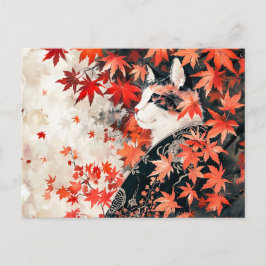 Zwart-witte Geisha kat onder rode esdoornbladeren Briefkaart