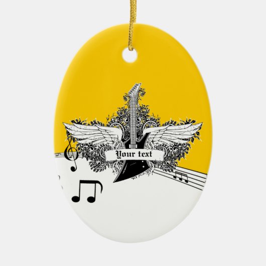 Zwart-witte gele elektrische gitaar met vleugels keramisch ornament (Voorkant)