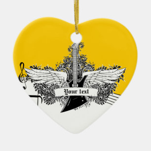 Zwart-witte gele elektrische gitaar met vleugels keramisch ornament