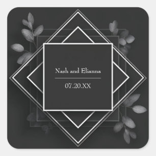 Zwart Witte Geometrische Blad Bruiloft Vierkante Sticker