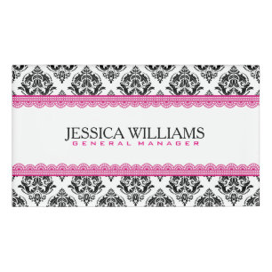 Zwart-witte geometrische Damasroze zonnepanelen Naambadge