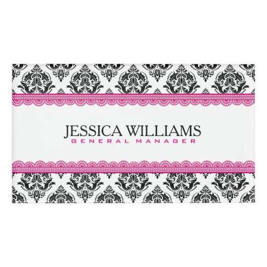 Zwart-witte geometrische Damasroze zonnepanelen Naambadge (Voorkant)