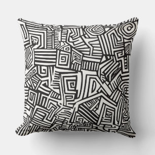 Zwart Witte Geometrische Doolhof Abstracte Lijn Kussen