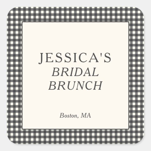 Zwart Witte Gingham Bruiloft Brunch Feest Custom Vierkante Sticker (Voorkant)