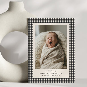 Zwart Witte Gingham Introductie Baby Foto Geboorte Aankondiging