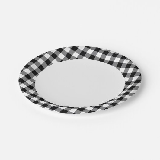 Zwart-witte gingham papieren bordje (Gekanteld)
