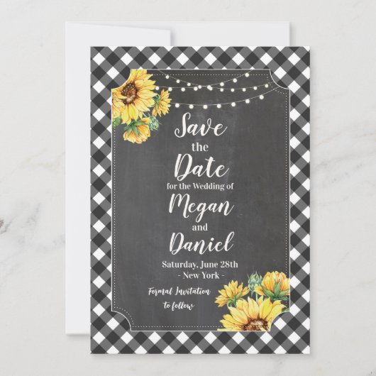 Zwart Witte Gingham Zonnebloem Krijt Save The Date (Voorkant)