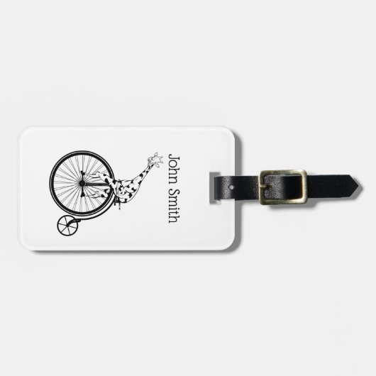 Zwart-witte giraf rijden op een fiets bagagelabel (Voorkant horizontaal)