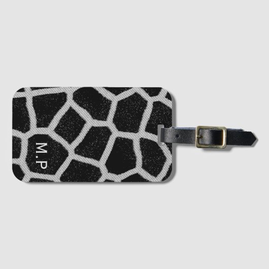 Zwart-witte Giraffe Afdrukmonogram Bagagelabel (Voorkant (horizontaal))
