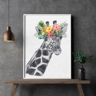 Zwart-witte giraffe in bloemenkroon dier poster