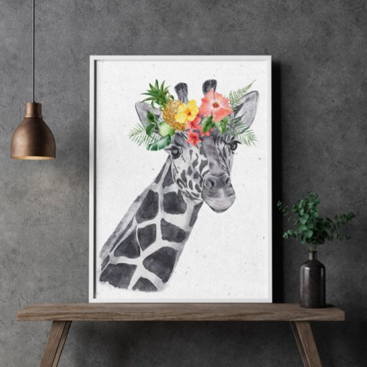 Zwart-witte giraffe met bloemenkrans dier poster