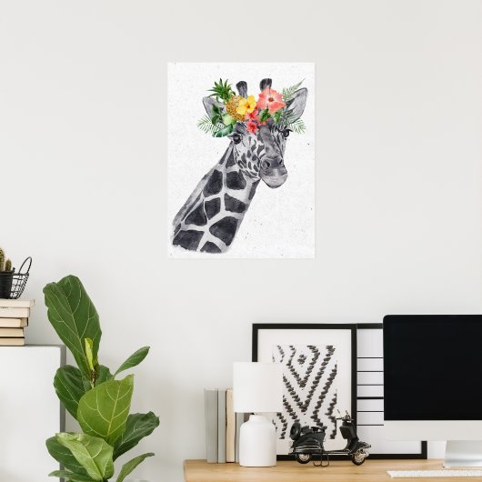 Zwart-witte giraffe met bloemenkrans dier poster (Thuiskantoor)