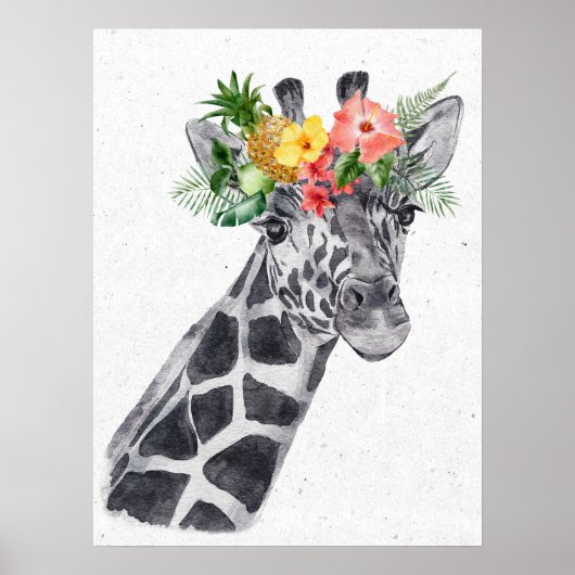 Zwart-witte giraffe met bloemenkrans dier poster (Voorkant)