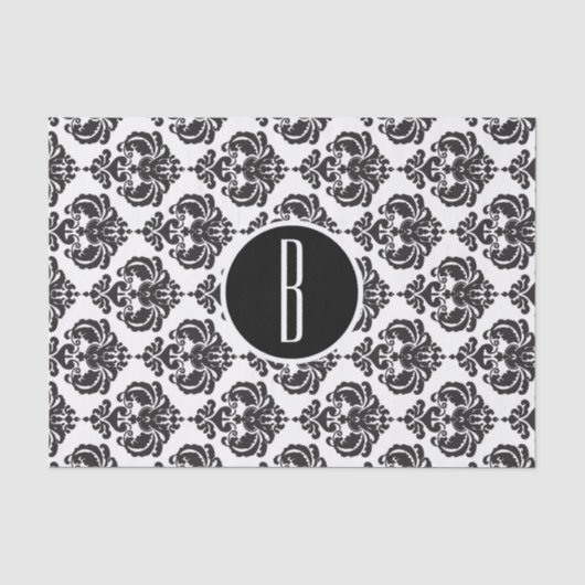 Zwart Witte Glam Damast Monogram Letter Initiaal Tissuepapier (Voorkant)