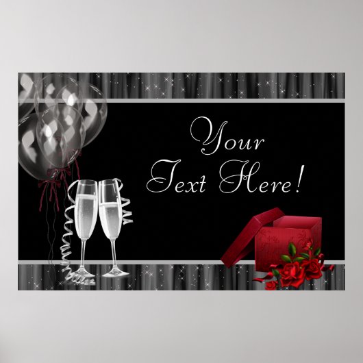Zwart Witte Glitters Champagne Feest Banner Poster (Voorkant)