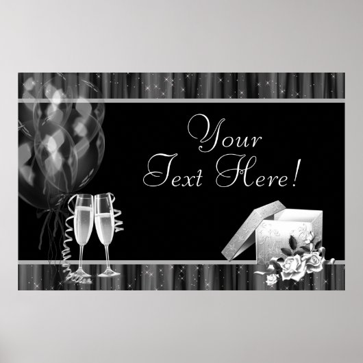 Zwart Witte Glitters Champagne Feest Banner Poster (Voorkant)