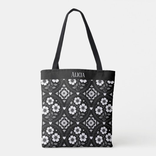 Zwart-witte Gothic bloemen omlijst Tote Bag (Achterkant)