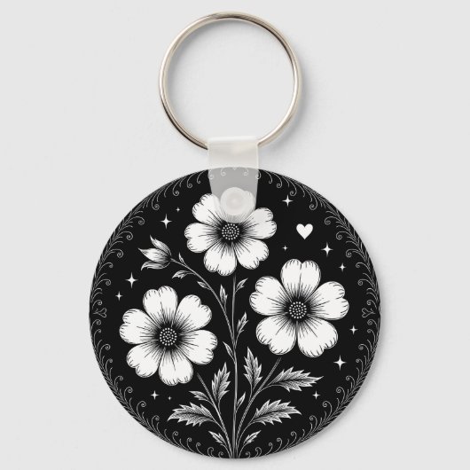 Zwart-Witte Gothische Bloemen Sleutelhanger (Voorkant)