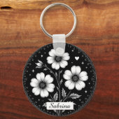 Zwart-Witte Gothische Bloemen Sleutelhanger (Achterkant)