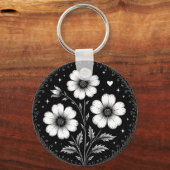 Zwart-Witte Gothische Bloemen Sleutelhanger (Voorkant)