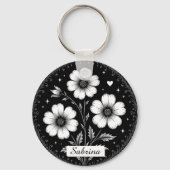 Zwart-Witte Gothische Bloemen Sleutelhanger (Achterkant)