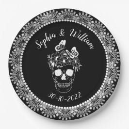 Zwart Witte Gotische Bloemenskelet Halloween Bruil Papieren Bordje