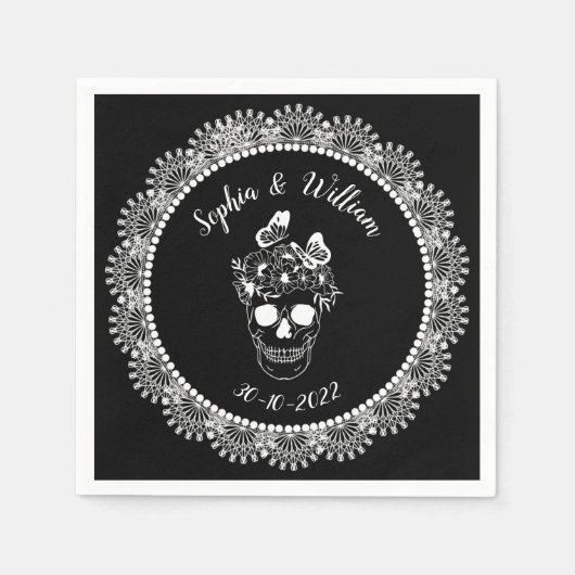 Zwart Witte Gotische Bloemenskelet Halloween Bruil Servet (Voorkant)