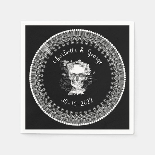 Zwart Witte Gotische Bloemenskelet Halloween Bruil Servet (Voorkant)