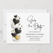 Zwart Witte Gouden Hartjes Bruiloft Save the Date (Voorkant)